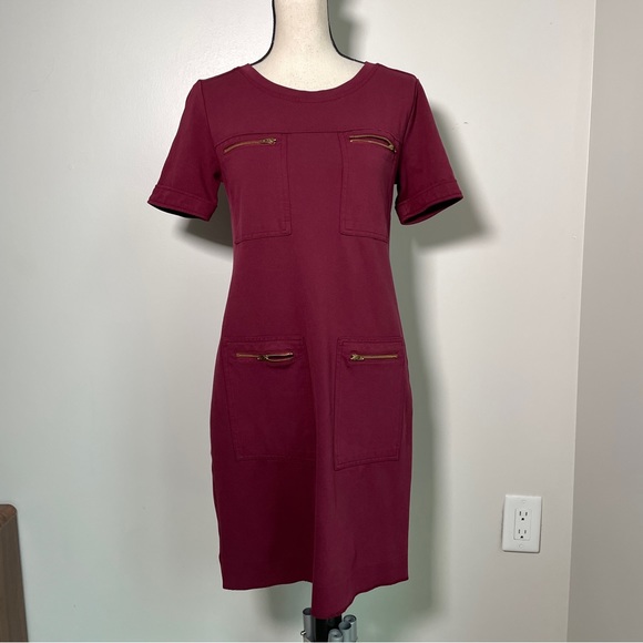 J Crew Burgundy Crew Neck Short Sleeve Sheath Mini Dress 4 - Picture 2 of 12